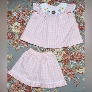 Stitchy Fish Pink Gingham Girls Shorts and Top Set Sz 5